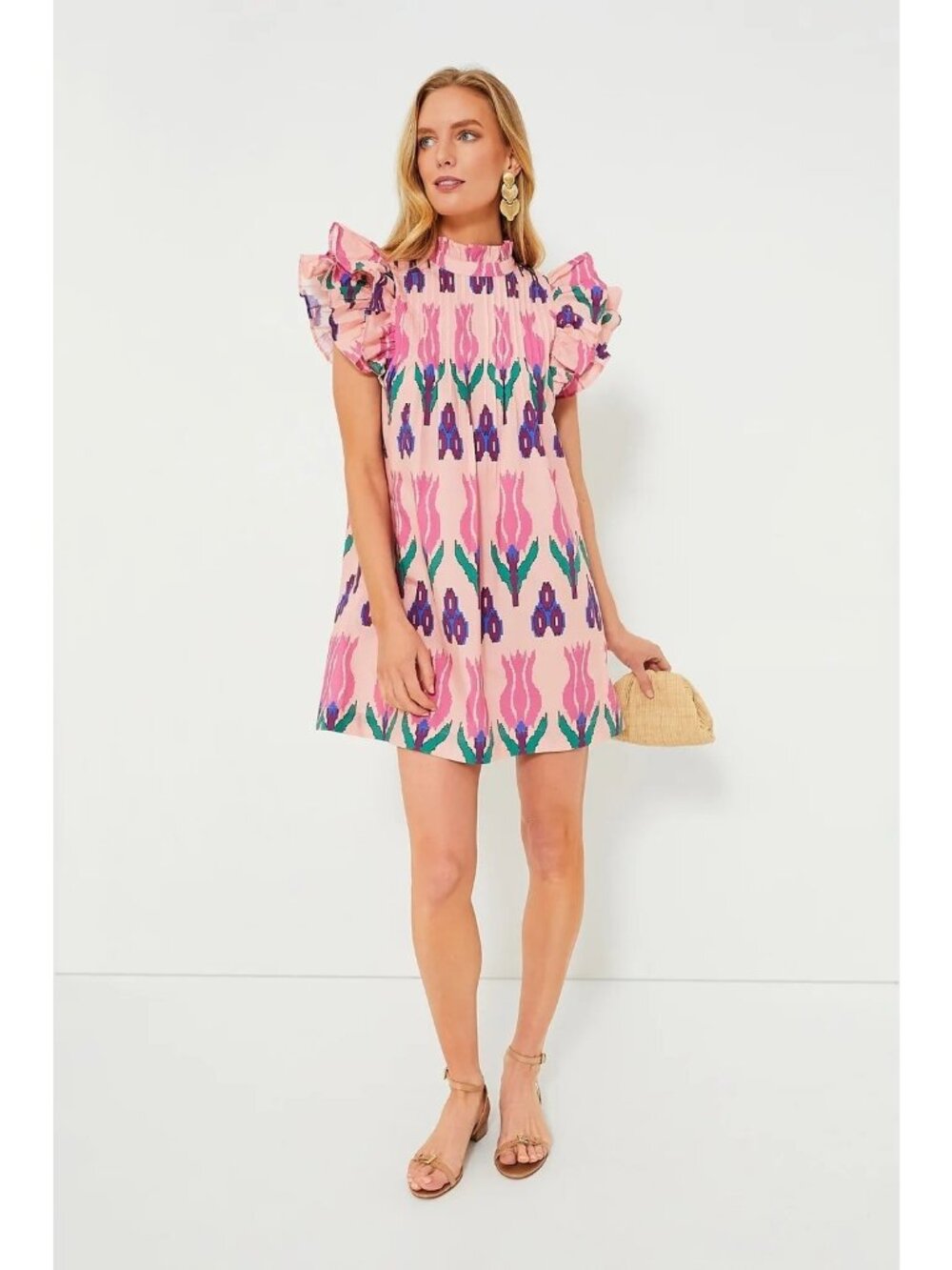 Oliphant Pink Floral Mini Dress with Purple & Green Motif